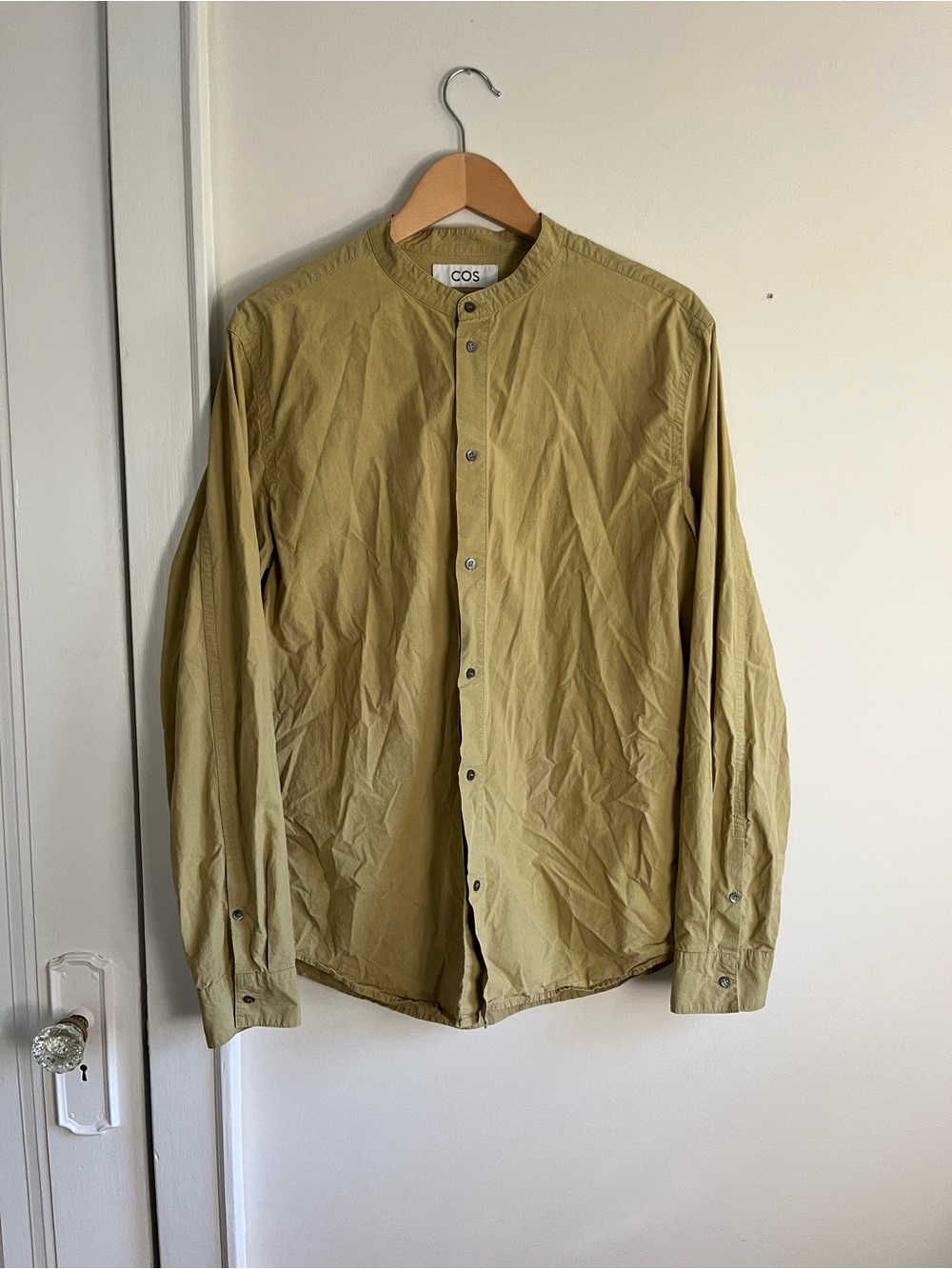 COS Men’s Olive Green Band-Collar 100% Cotton Button Up Shirt L Minimalist